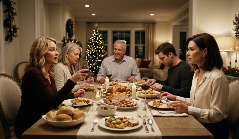 A stunned 32-year-old woman sits at a family dinner table while her sister raises a wine glass and their parents watch the uncomfortable exchange.