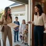 A surprised woman stands in the doorway of her home as her stylish sister arrives with three children carrying backpacks and small suitcases.