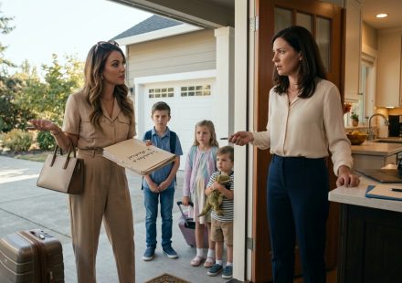 A surprised woman stands in the doorway of her home as her stylish sister arrives with three children carrying backpacks and small suitcases.