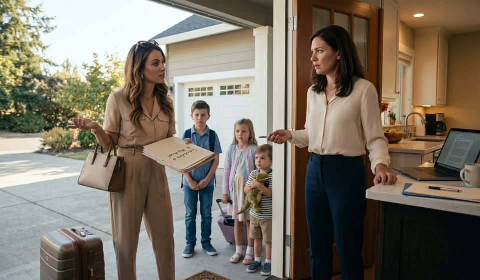 A surprised woman stands in the doorway of her home as her stylish sister arrives with three children carrying backpacks and small suitcases.