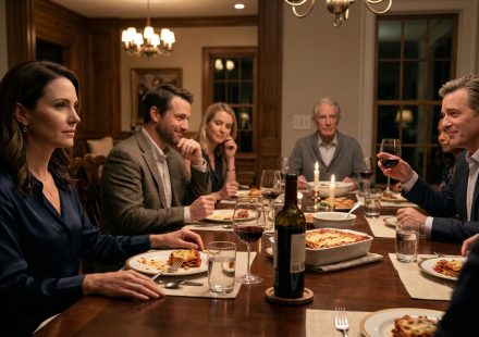 A composed woman sits at an elegant dinner table while her husband and his friends laugh, as an older guest in a gray cardigan quietly observes.