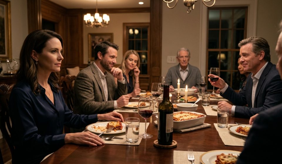 A composed woman sits at an elegant dinner table while her husband and his friends laugh, as an older guest in a gray cardigan quietly observes.
