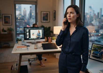 32-year-old woman reacting in disbelief during a shocking phone call from her mother about money and her car