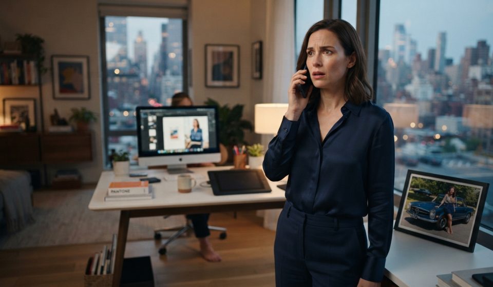 32-year-old woman reacting in disbelief during a shocking phone call from her mother about money and her car