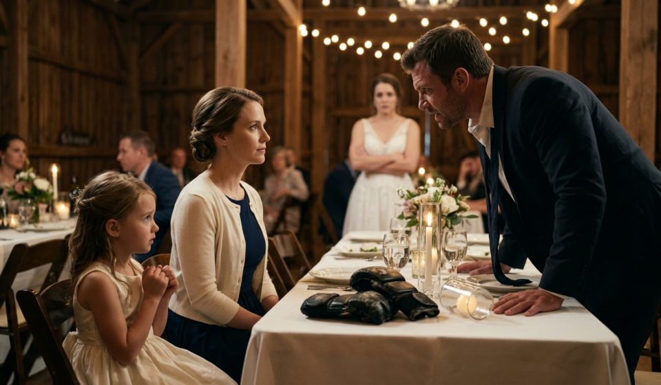 A muscular man slams black MMA gloves onto a wedding reception table while a composed mother faces him and her frightened young daughter watches nearby.