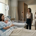 A mother recovering from childbirth holds her sleeping newborn in a hospital bed while her demanding sister and mother enter the recovery room.