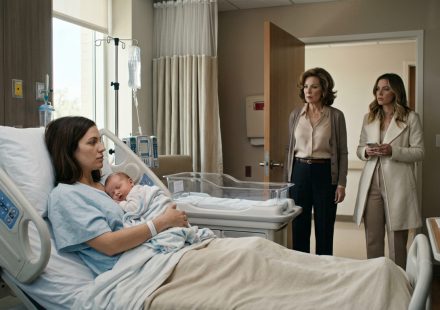 A mother recovering from childbirth holds her sleeping newborn in a hospital bed while her demanding sister and mother enter the recovery room.