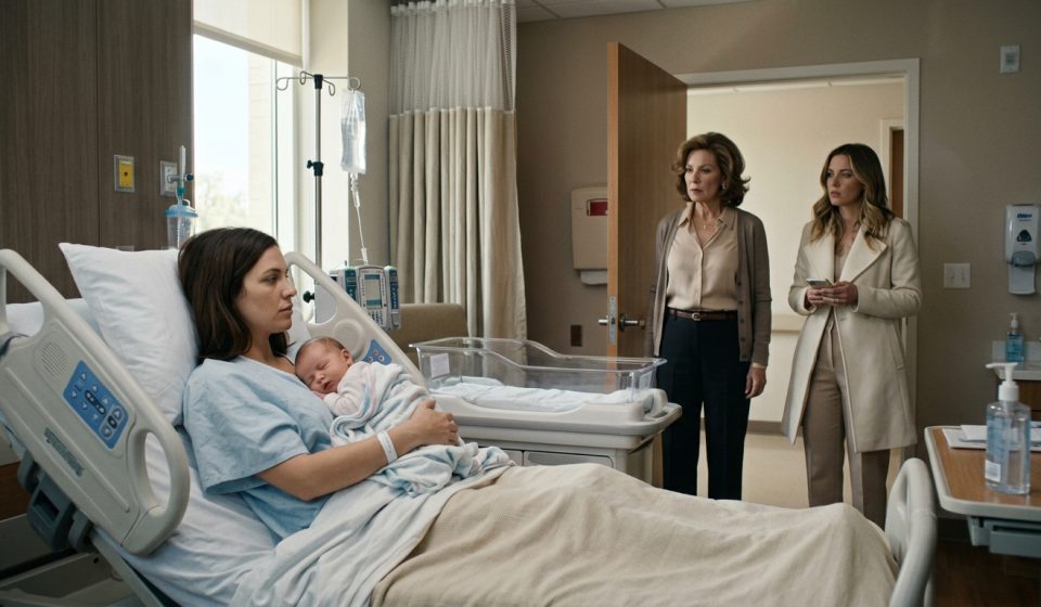 A mother recovering from childbirth holds her sleeping newborn in a hospital bed while her demanding sister and mother enter the recovery room.
