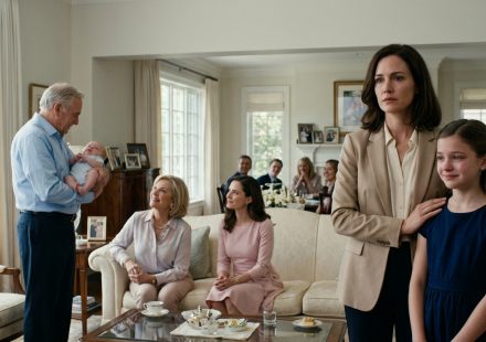 A twelve-year-old girl in a navy-blue dress struggles to smile while her grandparents celebrate her baby cousin in an elegant family living room.