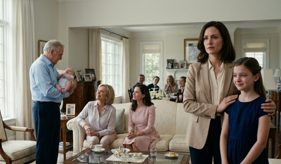 A twelve-year-old girl in a navy-blue dress struggles to smile while her grandparents celebrate her baby cousin in an elegant family living room.