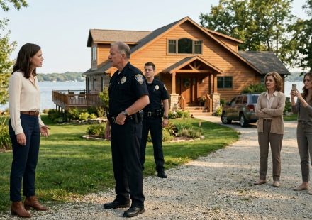 A shocked homeowner stands outside her lakefront vacation house facing two police officers, while her mother and sister watch from the driveway during a family celebration.
