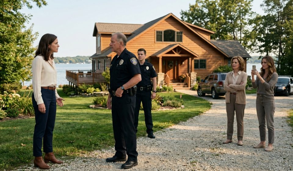 A shocked homeowner stands outside her lakefront vacation house facing two police officers, while her mother and sister watch from the driveway during a family celebration.