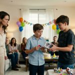 An upset eleven-year-old boy stands beside his concerned mother at a birthday party while his thirteen-year-old cousin holds his new iPhone gift box and his uncle laughs dismissively.