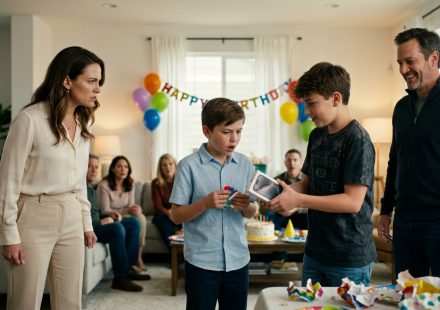 An upset eleven-year-old boy stands beside his concerned mother at a birthday party while his thirteen-year-old cousin holds his new iPhone gift box and his uncle laughs dismissively.