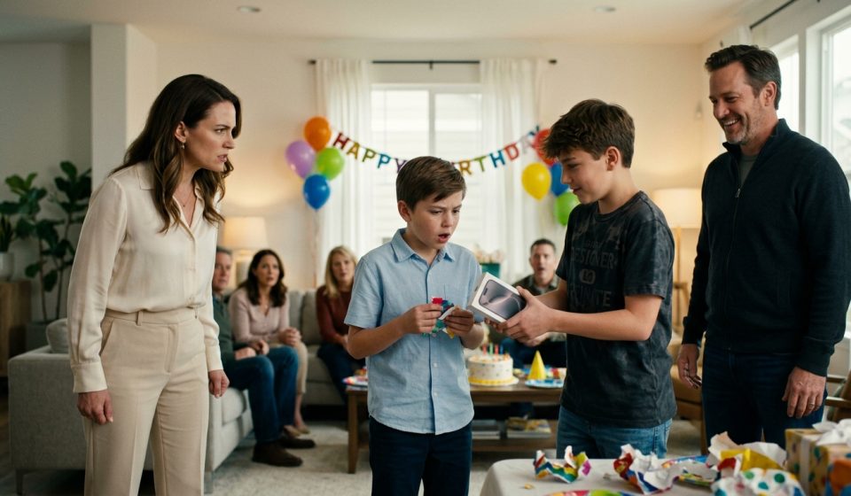 An upset eleven-year-old boy stands beside his concerned mother at a birthday party while his thirteen-year-old cousin holds his new iPhone gift box and his uncle laughs dismissively.