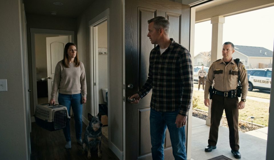 A woman standing beside her dog's crate in a hallway as her husband opens the front door to a sheriff's deputy, with patrol cars parked outside.