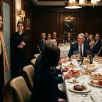 A woman stands in the doorway of an upscale restaurant's private dining room, shocked to discover sixteen relatives gathered around an expensive dinner.