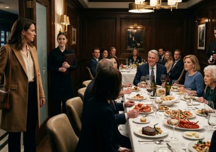A woman stands in the doorway of an upscale restaurant's private dining room, shocked to discover sixteen relatives gathered around an expensive dinner.