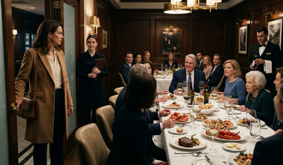 A woman stands in the doorway of an upscale restaurant's private dining room, shocked to discover sixteen relatives gathered around an expensive dinner.