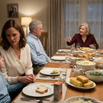 A heartbroken eight-year-old boy sits beside his protective mother at a family dinner while his grandmother smiles proudly at his cousins across the table.