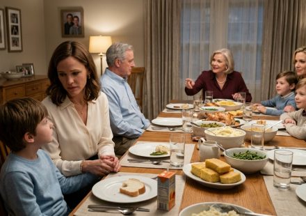 A heartbroken eight-year-old boy sits beside his protective mother at a family dinner while his grandmother smiles proudly at his cousins across the table.