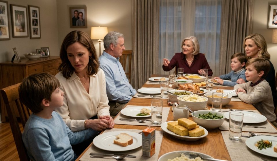 A heartbroken eight-year-old boy sits beside his protective mother at a family dinner while his grandmother smiles proudly at his cousins across the table.