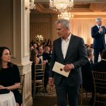 A 32-year-old woman in a black dress receives a sealed envelope from a silver-haired stranger during her sister's lavish graduation celebration.