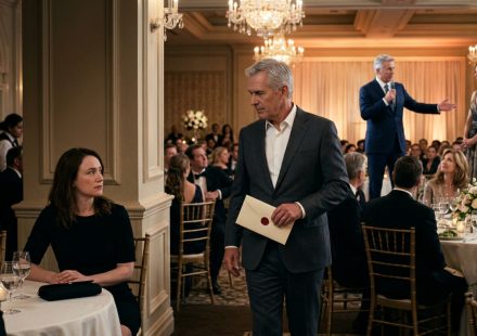 A 32-year-old woman in a black dress receives a sealed envelope from a silver-haired stranger during her sister's lavish graduation celebration.
