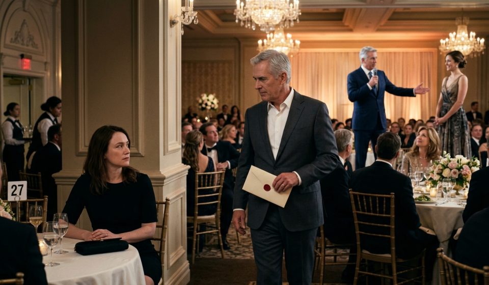 A 32-year-old woman in a black dress receives a sealed envelope from a silver-haired stranger during her sister's lavish graduation celebration.