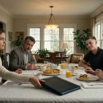 A composed young woman sits at a family brunch holding a fork beside her glass while her mother and younger brother mock her across the dining table.