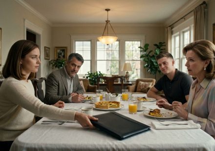 A composed young woman sits at a family brunch holding a fork beside her glass while her mother and younger brother mock her across the dining table.