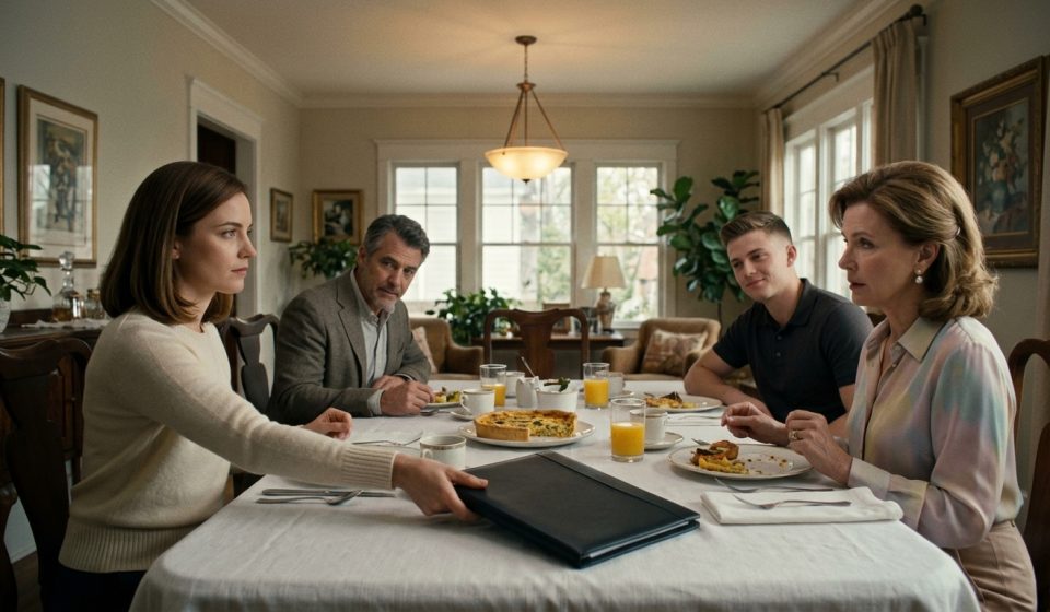 A composed young woman sits at a family brunch holding a fork beside her glass while her mother and younger brother mock her across the dining table.