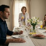 A shocked man sits at Easter brunch as his mother announces a $190,000 property sale, while his sister smiles across the dining table.