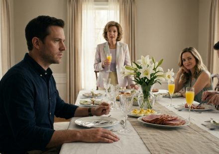 A shocked man sits at Easter brunch as his mother announces a $190,000 property sale, while his sister smiles across the dining table.