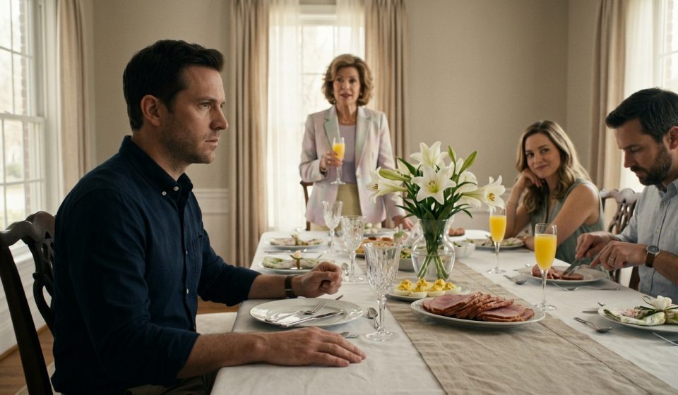 A shocked man sits at Easter brunch as his mother announces a $190,000 property sale, while his sister smiles across the dining table.
