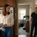 Danielle stands in the doorway of her boyfriend's house, introducing herself to his surprised parents as a tenant during their Easter visit.