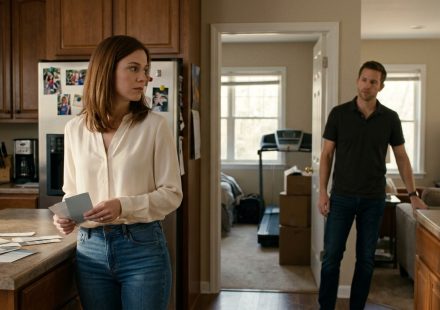 Danielle stands in the doorway of her boyfriend's house, introducing herself to his surprised parents as a tenant during their Easter visit.