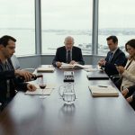 A calm man pours red wine during an inheritance reading while his brother smirks across the conference table after hearing about their father's $8.4 million estate.