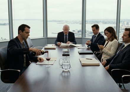 A calm man pours red wine during an inheritance reading while his brother smirks across the conference table after hearing about their father's $8.4 million estate.