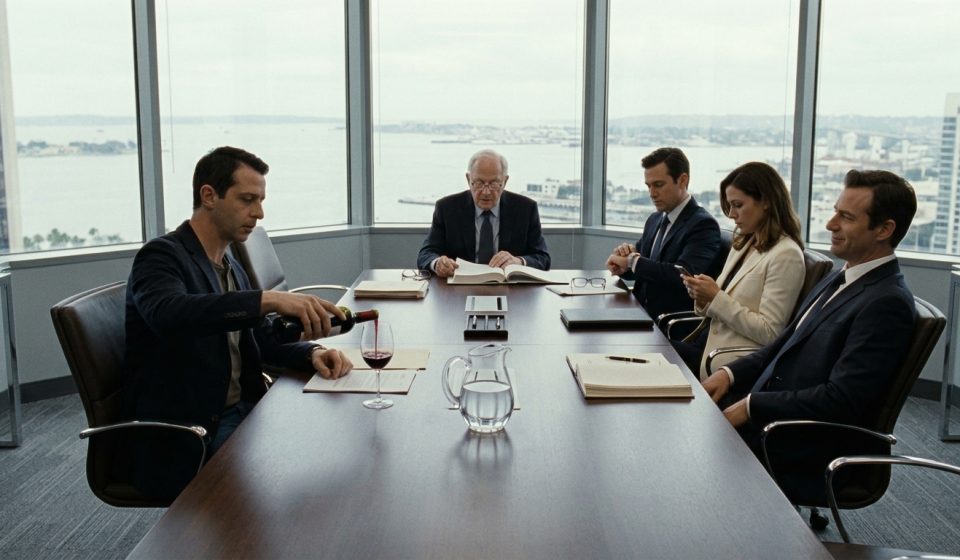 A calm man pours red wine during an inheritance reading while his brother smirks across the conference table after hearing about their father's $8.4 million estate.