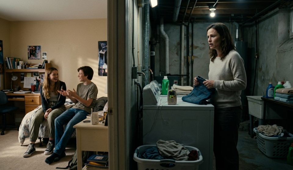 A stepmother stands beside a clothes dryer holding jeans, shocked by a conversation coming through a forgotten baby monitor in her basement laundry room.