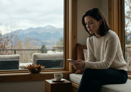 Scarlett sits alone on the terrace of her luxurious Colorado mountain estate after receiving a Thanksgiving exclusion message from her mother.
