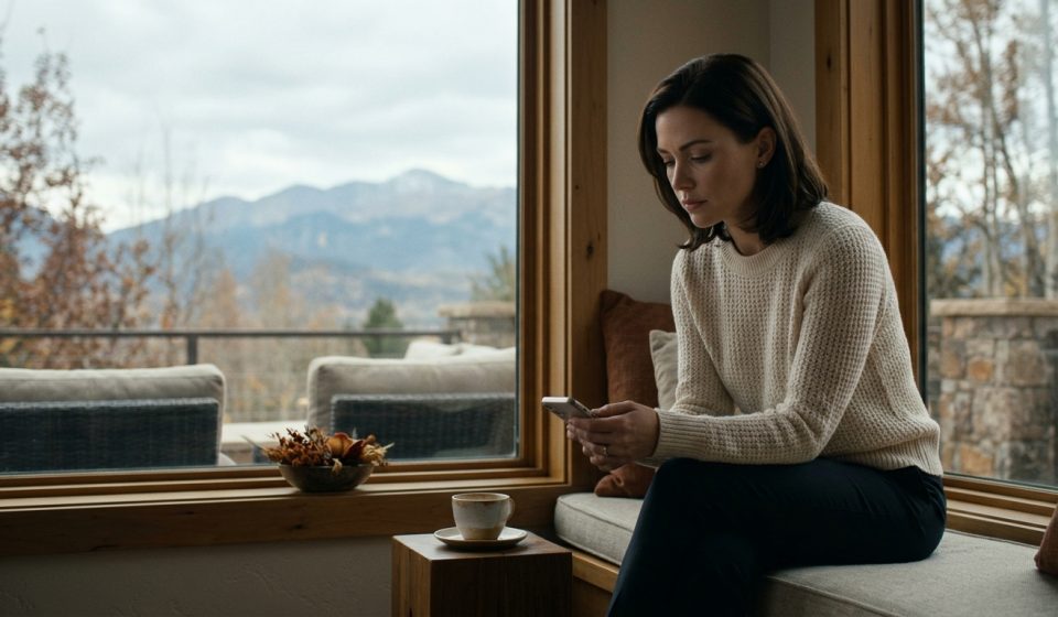 Scarlett sits alone on the terrace of her luxurious Colorado mountain estate after receiving a Thanksgiving exclusion message from her mother.