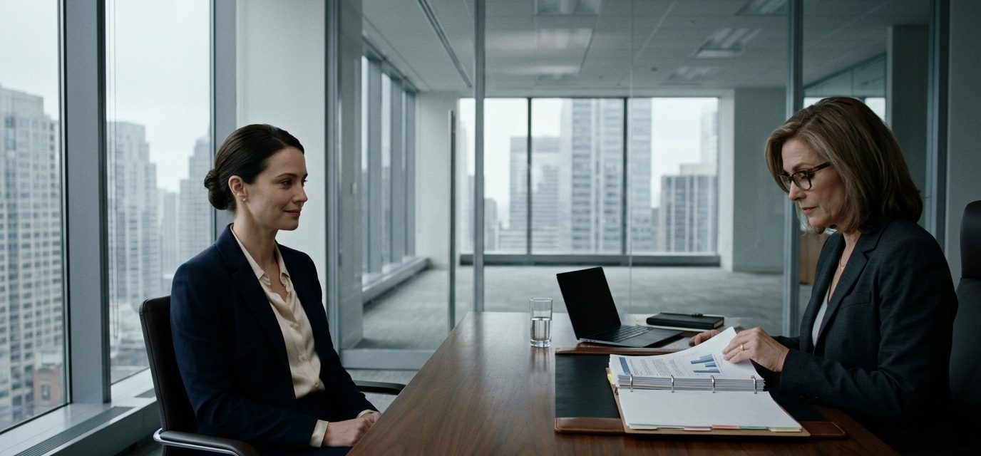 Hardworking corporate employee Emilia sits calmly across from her dismissive boss Elaine after being told she is not qualified for a senior management promotion.