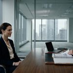 Hardworking corporate employee Emilia sits calmly across from her dismissive boss Elaine after being told she is not qualified for a senior management promotion.