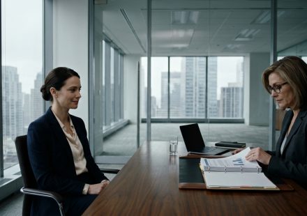 Hardworking corporate employee Emilia sits calmly across from her dismissive boss Elaine after being told she is not qualified for a senior management promotion.