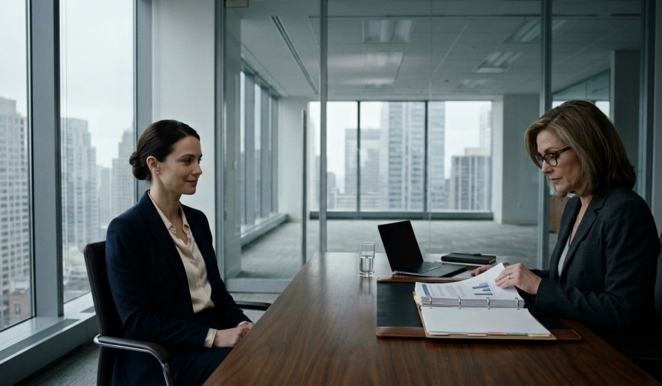 Hardworking corporate employee Emilia sits calmly across from her dismissive boss Elaine after being told she is not qualified for a senior management promotion.