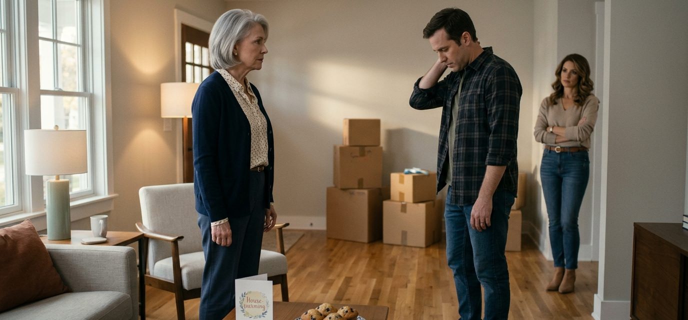 An older widowed mother firmly confronts her adult son in his new suburban living room while her daughter-in-law watches nearby.
