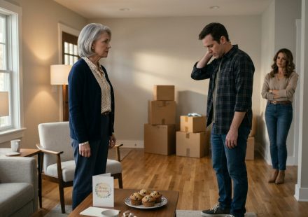 An older widowed mother firmly confronts her adult son in his new suburban living room while her daughter-in-law watches nearby.
