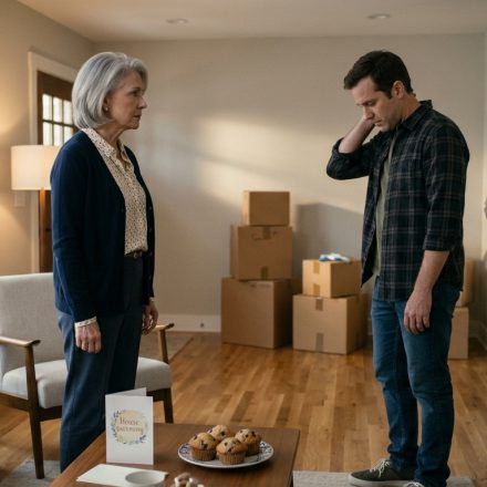 An older widowed mother firmly confronts her adult son in his new suburban living room while her daughter-in-law watches nearby.